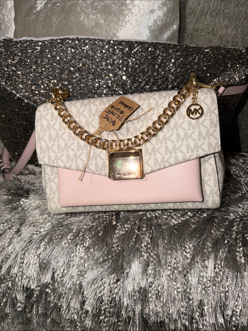 Michael Kors Pink and Vanilla Logo Chain Crossbody